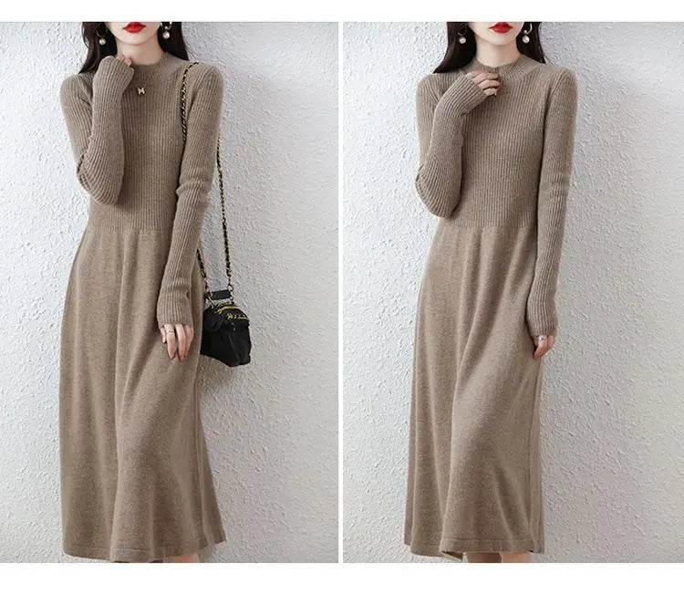 Wool Dress Long Cashmere Waist Over Knee Knit Sweater Skirt Elegant and Fashionable Women's Clothing in Autumn and Winter