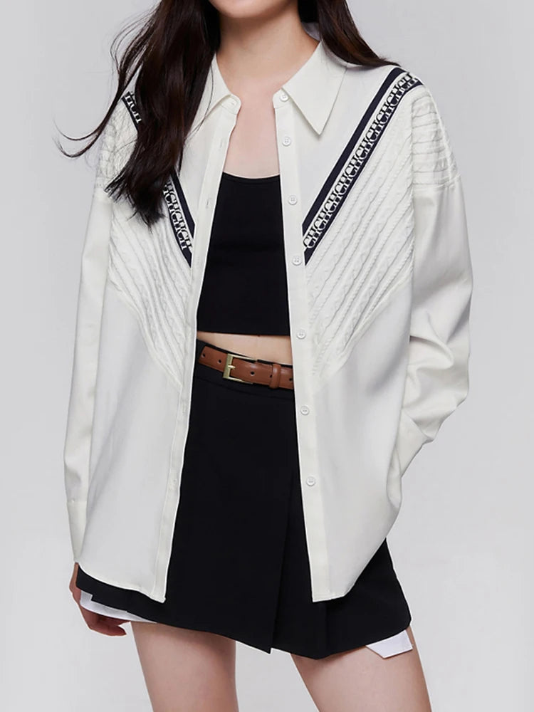 Women's Shirt Casual Fashion Knitted Patchwork Striped Shirt New Solid Color Street Style Single Breasted Office Ladies Shirt