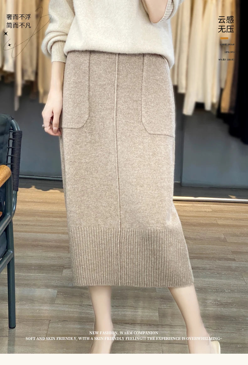 Women's Knitted Cashmere Skirt Double Pocket 100% Pure Wool Commuter Joker Straight Skirt for Autumn Winter New