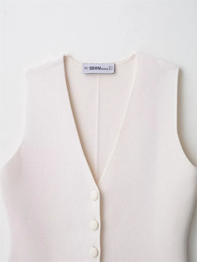 Chic Elegant Vests For Women 2025 Sleeveless V Neck Knitted Vests Sweater Summer Female Streetwear Casual Waistcoat Tops ﻿