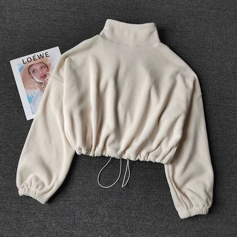 Women's warm sports and leisure jacket, autumn and winter fleece stand up collar loose and plush warm short jacket