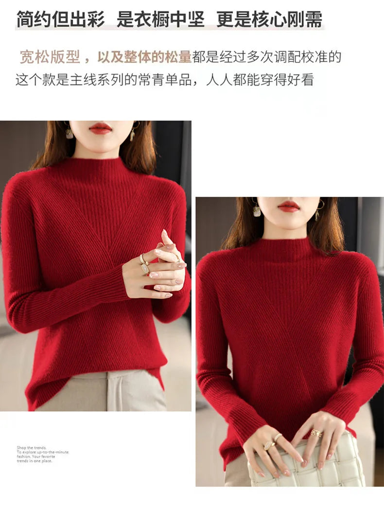 Cashmere Sweater Women Pure Color Half high collar Casual Long-sleeved Loose Pullover Cashmere Sweater Women's