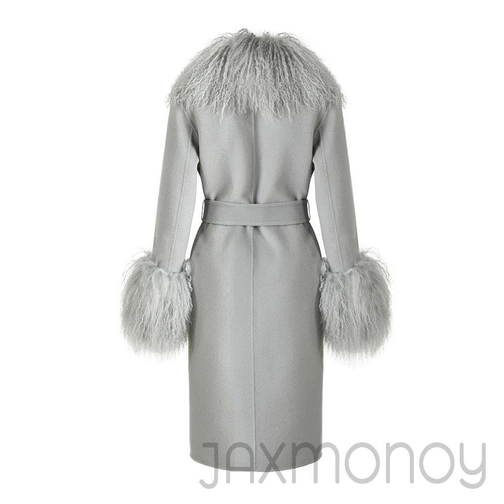 Women Cashmere Wool Coat With Real Mongolian Sheep Fur Collar  Ladies Autumn Winter Fashion Long Outwear Full Sleeve Fur Jacket