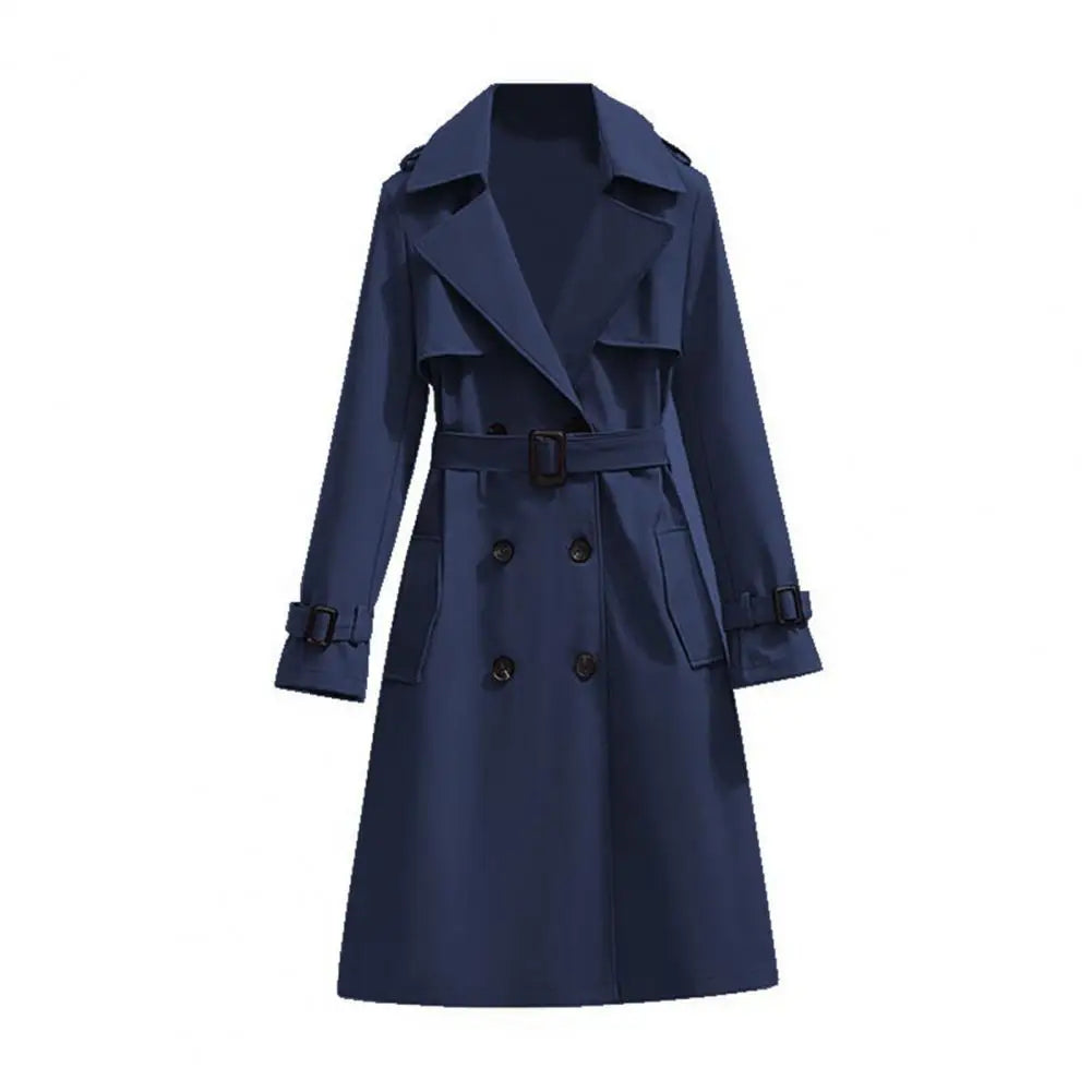 Classic Women Trench Coat Double Breasted Long Trench Coat Belted Notch Lapel Overcoat Fall Winter Windproof Classic Outerwear