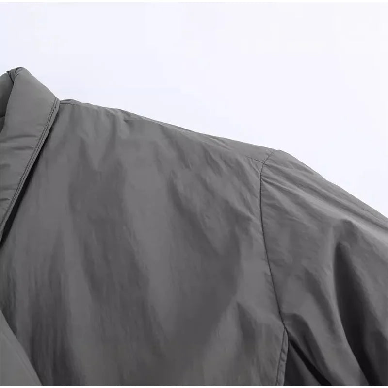 Casual Gray Lace Up Coat Women Cotton V-neck Luxury Pocket 2025 Autumn Thick Jackets Female Chic Street All-match Outwear Tops