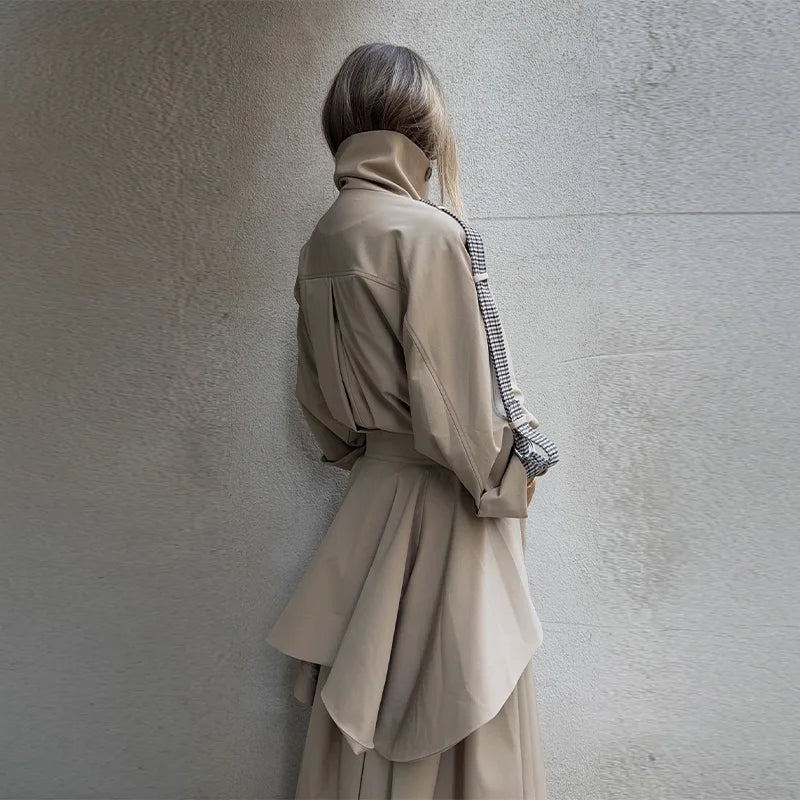 Women's Trench Coat Double Breasted Stand Collar Epaulet Lace Up Long Windbreaker Office Lady Winter Autumn Solid Slim Outerwear