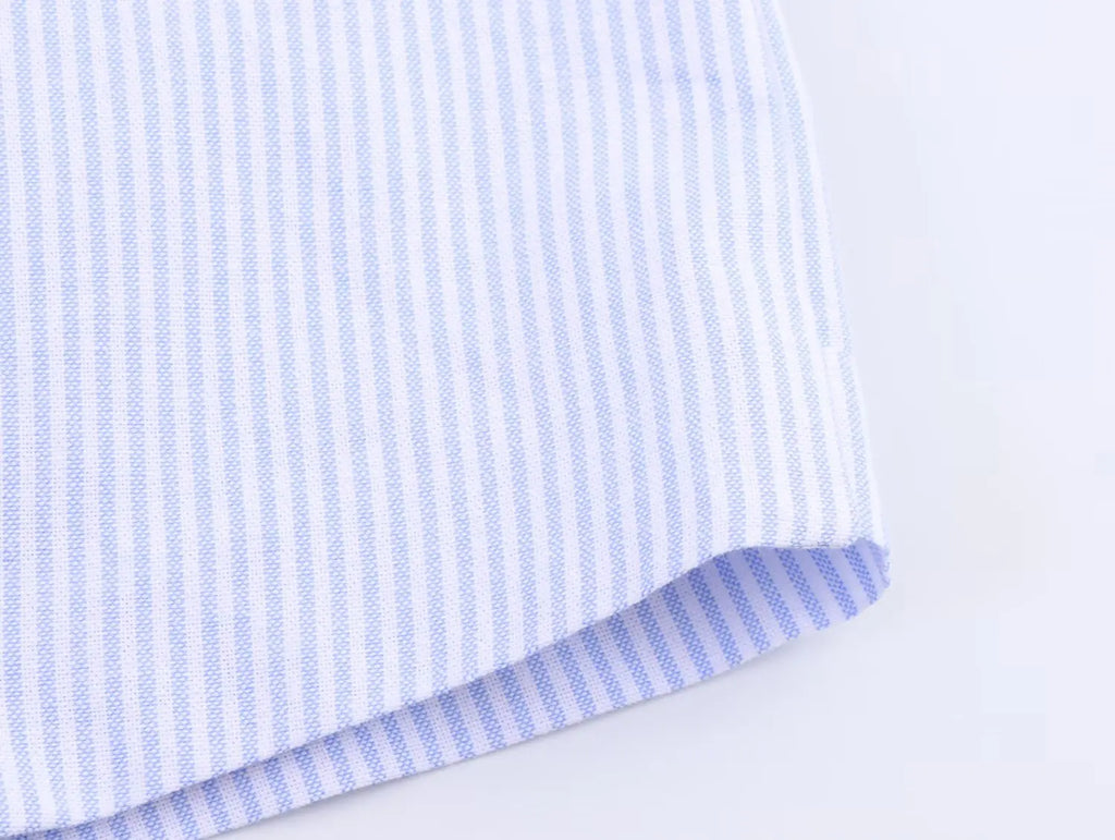 HH Women's 2025 Fashion Versatile Waist Pleated Blue Striped Shirt Female Elegant Lapel Single-Breasted Long-Sleeved Shirt