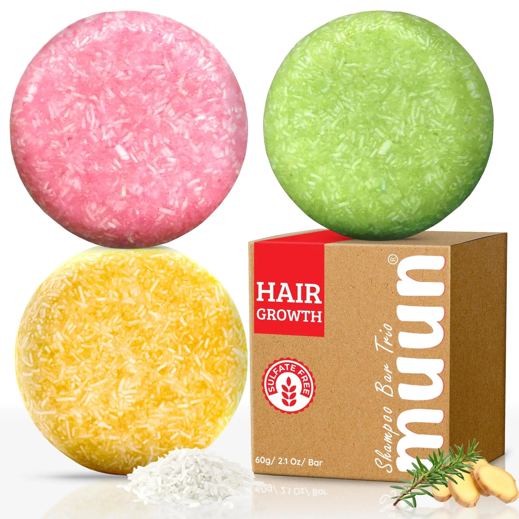 Muun Ginger Rosemary & Rice Water Shampoo Bar Pack 3 - Hair Growth Thickening Strengthening Anti Hair Loss Volumize & pH Balanced - Sulfate & Silicone Free For All Hair Type