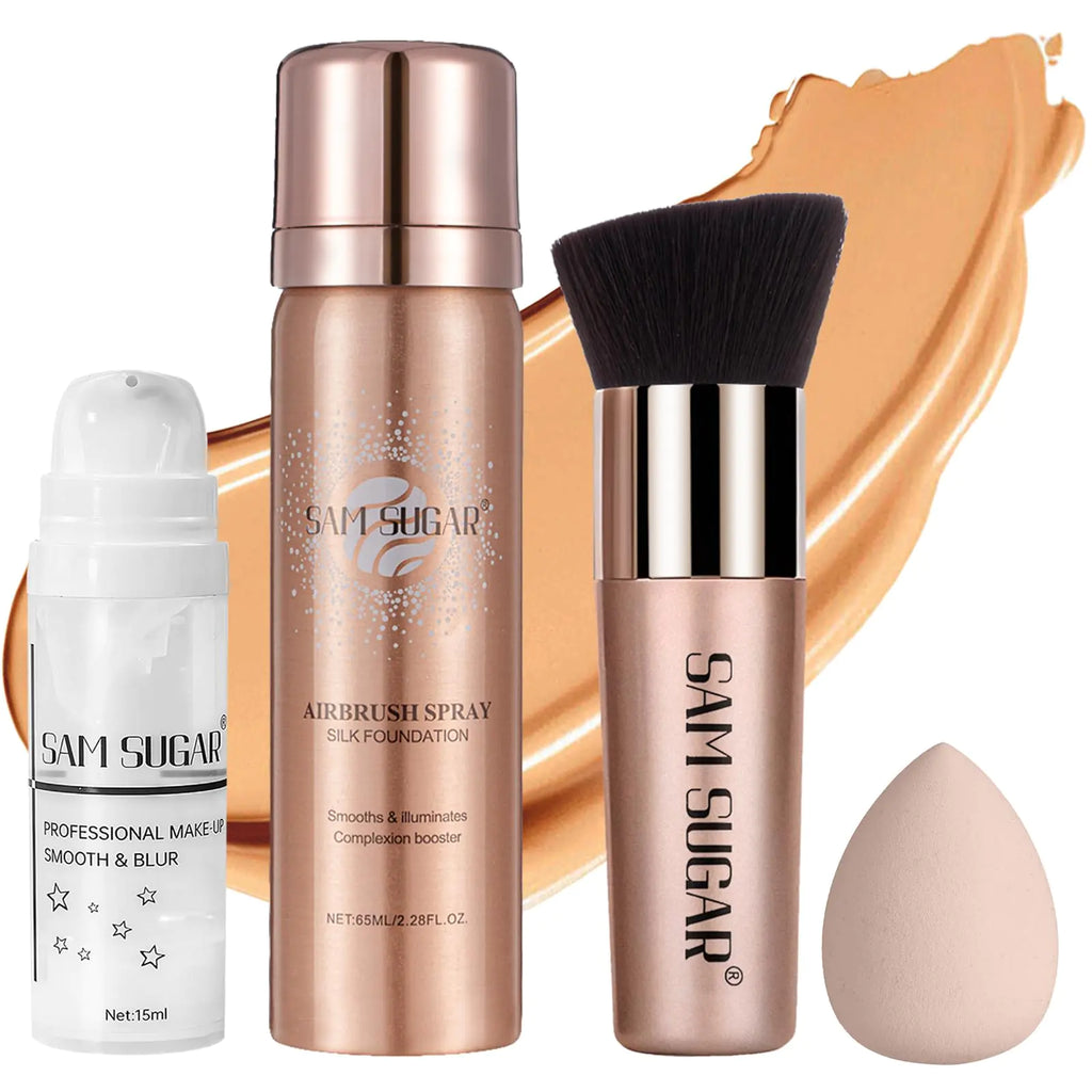AirBrush Foundation Spray Set Spray Foundation Makeup and Hydrating Face Primer Kit Longwear Waterproof Liquid Matte Foundation Mist for Flawless Look Brush and Sponge Include (#5 Warm Honey)