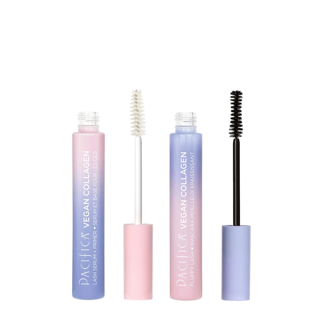 Pacifica Beauty Vegan Collagen Lash Serum and Primer & Fluffy Lash Mascara Duo Set Makeup Black Mascara Volumizing Lengthening Conditioning Vitamin B & E Eyelash Serum Eye Makeup (Set of 2)