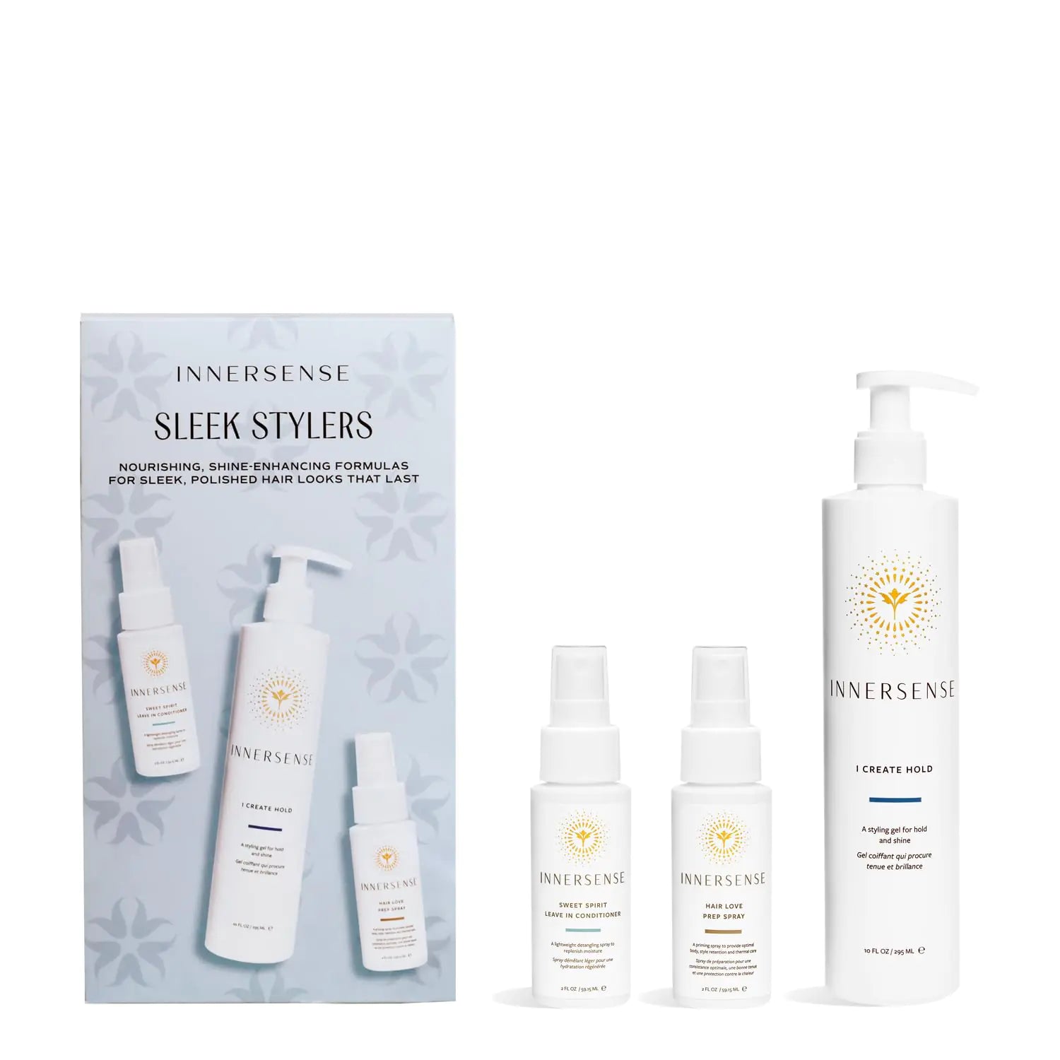 INNERSENSE Organic Beauty - Sleek Stylers Holiday Set | I Create Hold Sweet Spirit Leave-In Conditioner Hair Love Prep Spray | Non-Toxic Cruelty-Free Clean Haircare (3 piece set)