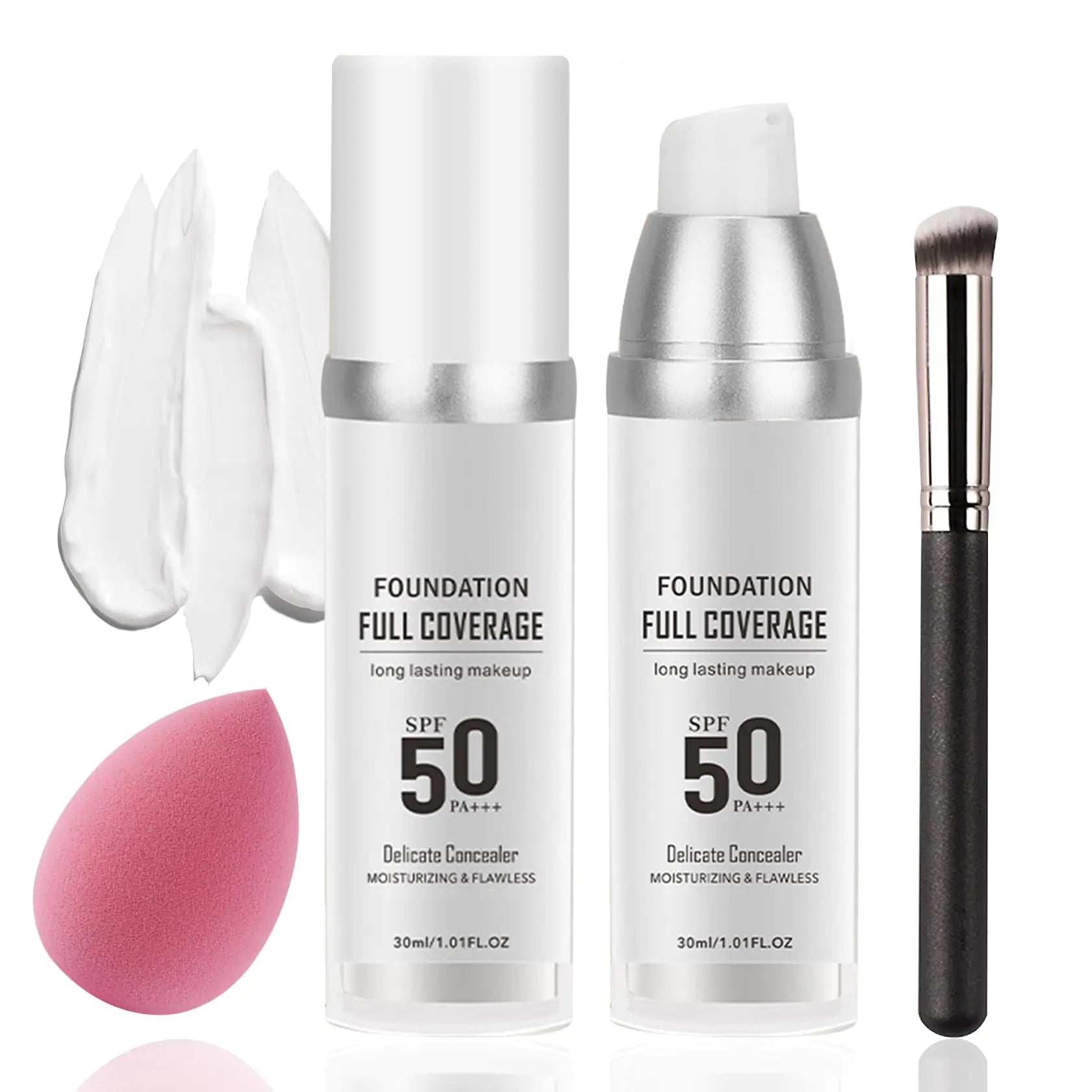 2PCS Color Changing Foundation Set with Foundation Brush and Makeup SpongeSPF 50 PA+++ Oil Control Full Coverage Liquid Foundation MakeupFlawless Moisturizing Concealer for All Skin Types