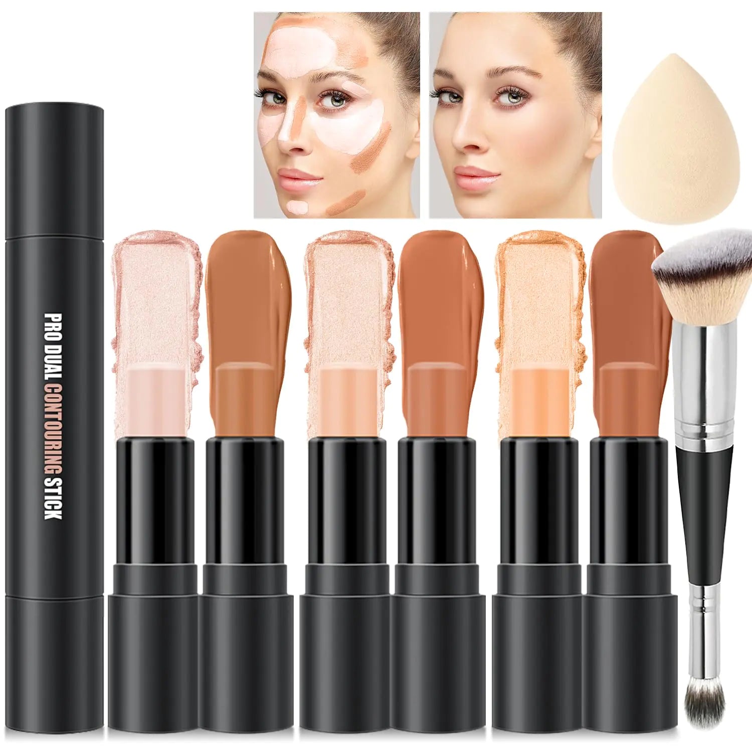 6 Colors Cream Contour Sticks Makeup Kit Primer Face Highlighter Contouring for Beginners Highlight and Contour Kit Cream Concealer Makeup Blush Stick Primer Face Corrector (SET B)