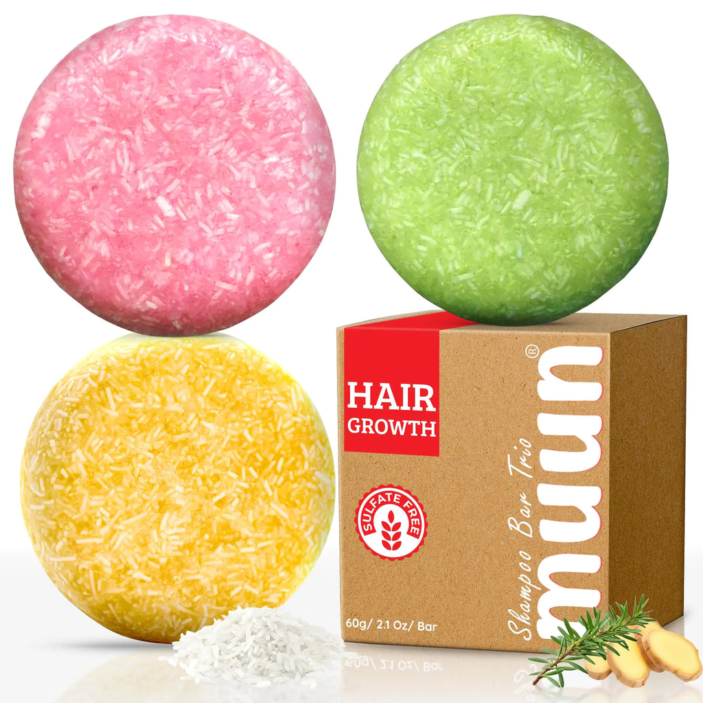 Muun Ginger Rosemary & Rice Water Shampoo Bar Pack 3 - Hair Growth Thickening Strengthening Anti Hair Loss Volumize & pH Balanced - Sulfate & Silicone Free For All Hair Type