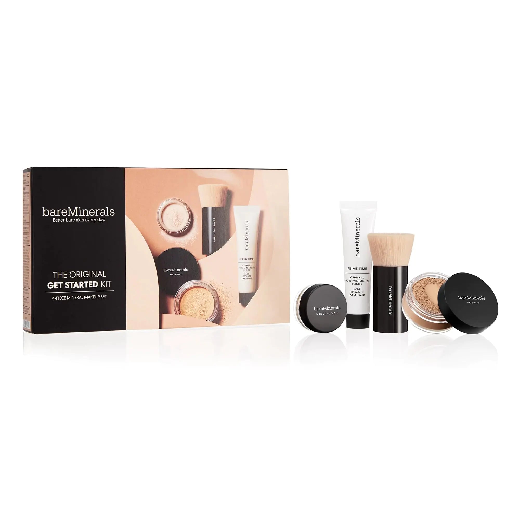 bareMinerals Original Get Started Kit 4 Piece Mini Mineral Makeup Includes Original Loose Foundation Face Primer Setting Powder Brush Travel Sizes Must-Have Kit Vegan