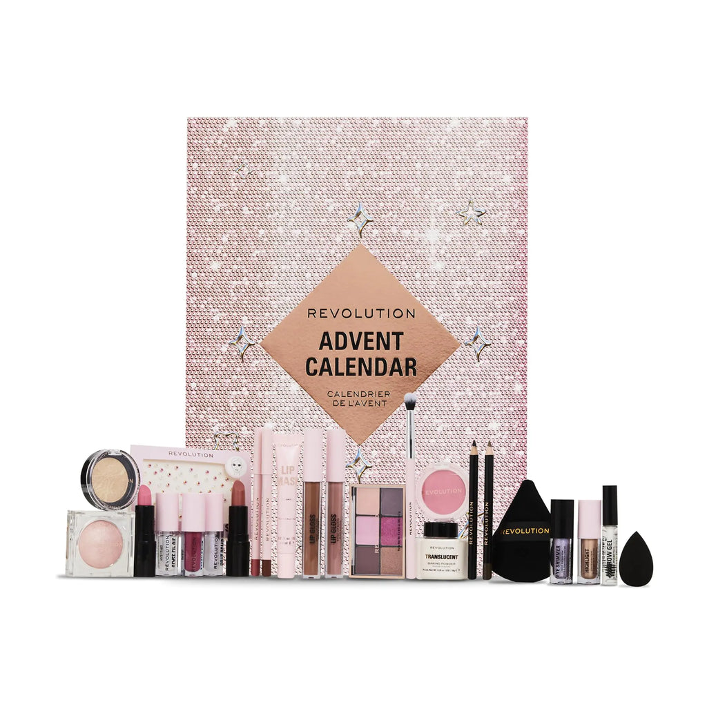 Revolution Beauty 24-Piece Holiday Beauty Advent Calendar Makeup Gift Set with Lip Gloss Nourishing Lip Masks Brushes & Brow Gel Vegan & Cruelty-Free