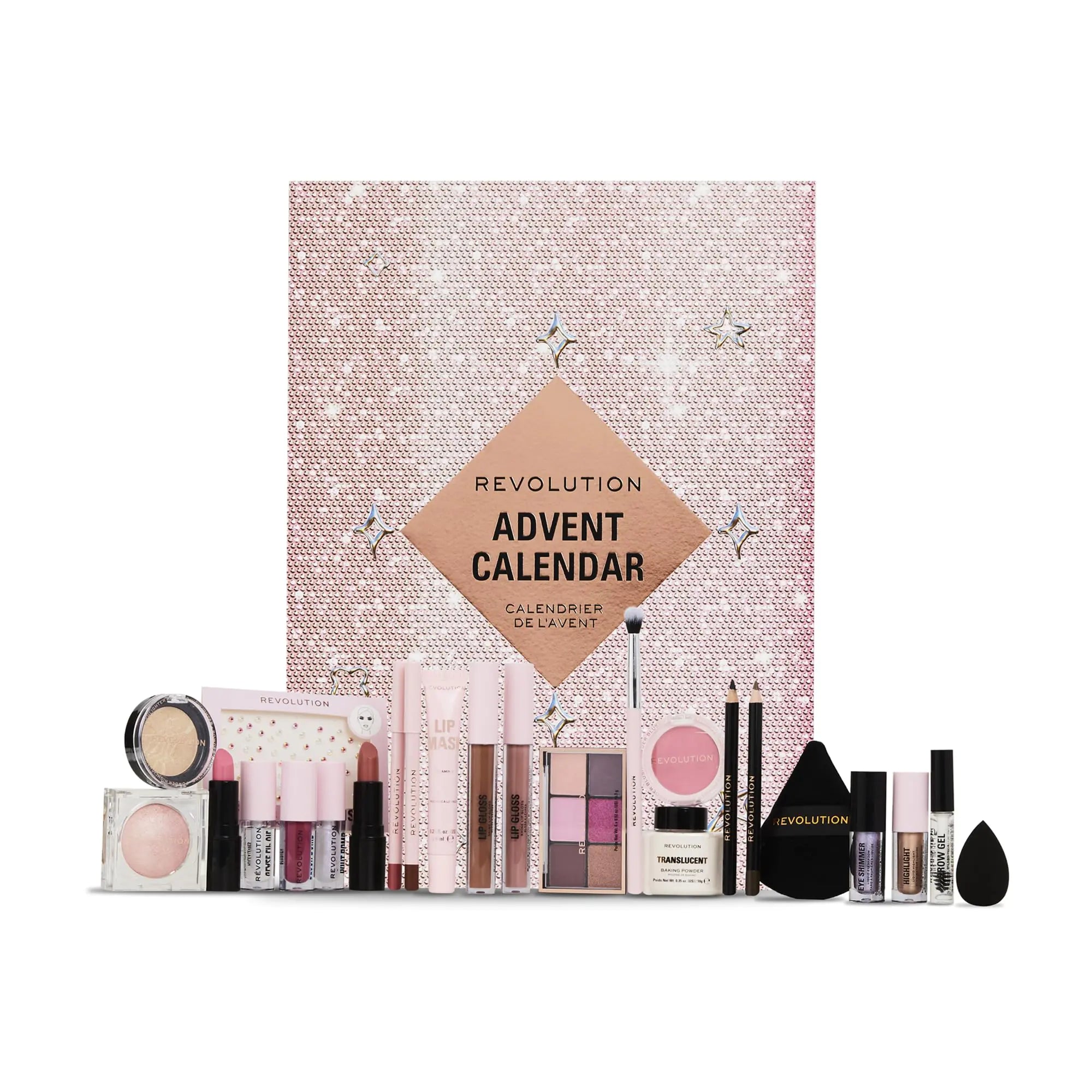 Revolution Beauty 24-Piece Holiday Beauty Advent Calendar Makeup Gift Set with Lip Gloss Nourishing Lip Masks Brushes & Brow Gel Vegan & Cruelty-Free